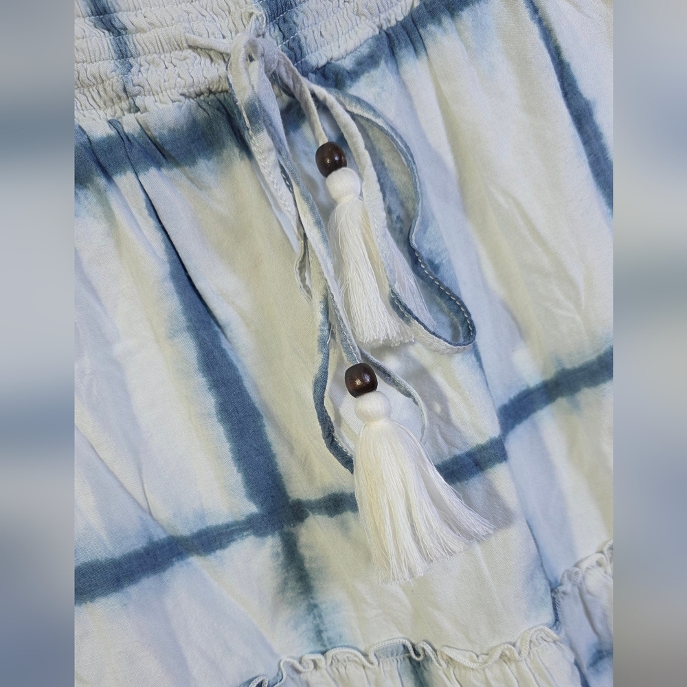 Pilcro Anthropologie Blue Tie Dye Skirt Boho Smocked Tassel Ruffle XL - Picture 2 of 8